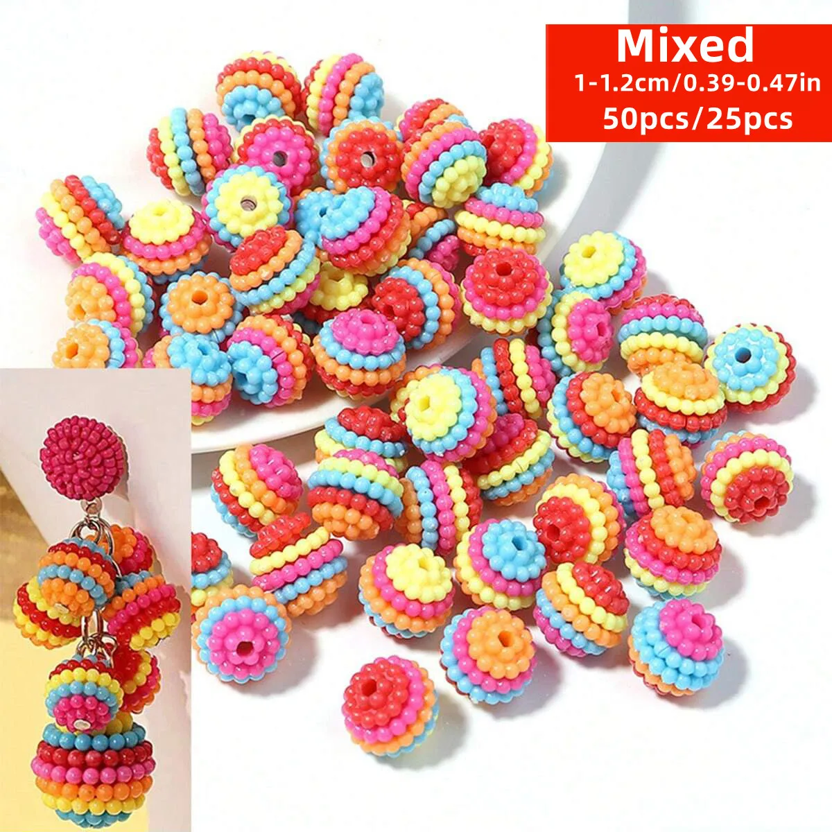50/25pcs 10/12mm Acrylic Beads Hole Colored Yangmei Ball Diy Rainbow Dispersed Pearl Jewelry Material, Diy Material