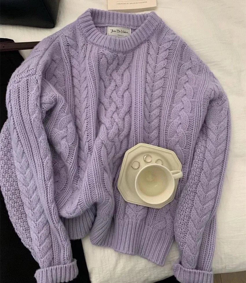 Korean Fashion Chic Fall Winter Blue Thick Knitted Warm Sweaters Jumper New Oversize Women O Neck Twisted Loose Pullover Ladies
