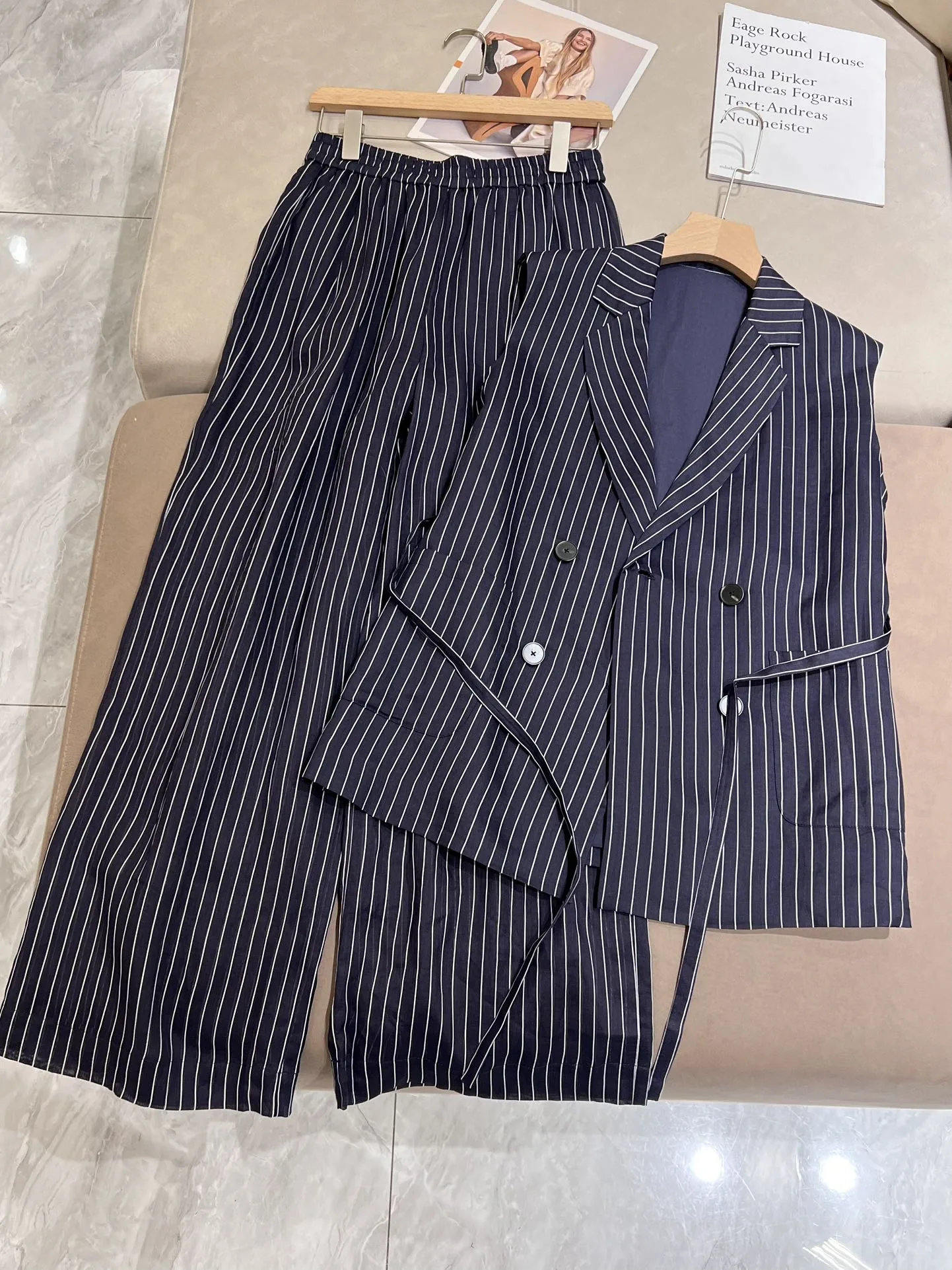 Spring summer striped 100% ramie cotton blend casual pant suit