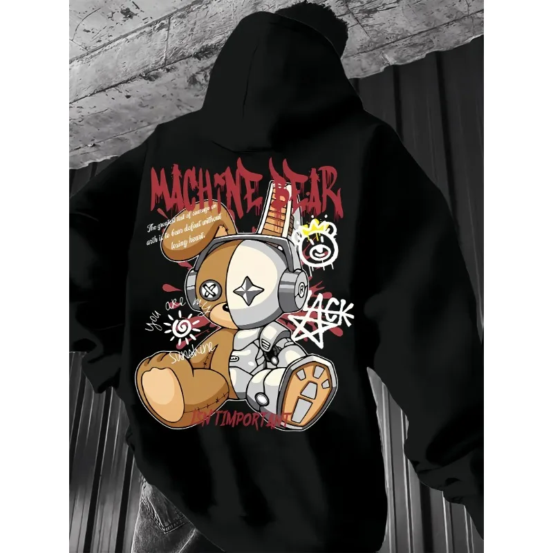 2026 Men's Fashion Autumn Bear Printed Soft and Comfortable Hoodie Machine Washable Outdoor Urban Versatile Top