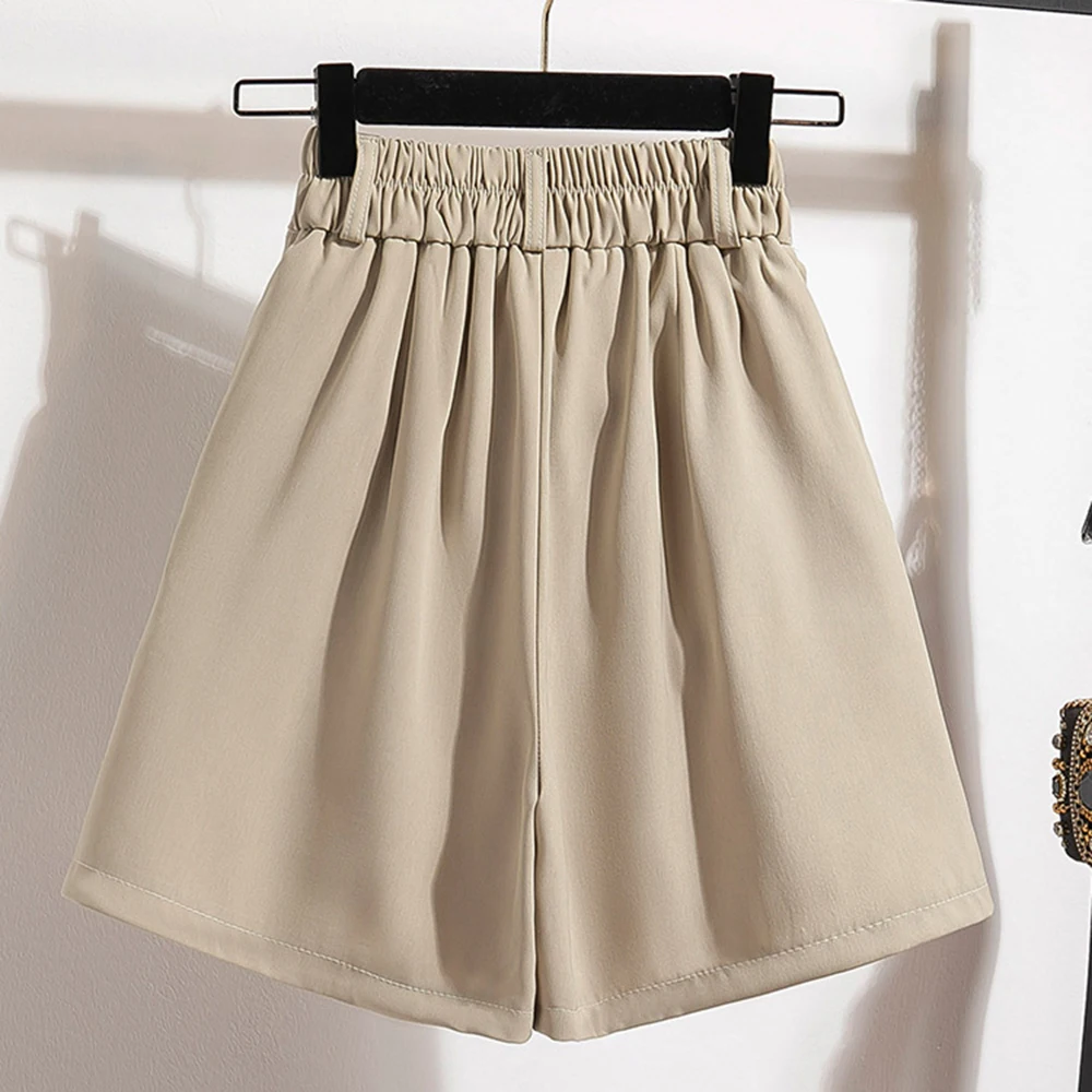 Suit Shorts Summer Casual High Waist Shorts for Women Button Elastic Waist Straight Wide Leg Short Suit Pants Streetwear Trouser