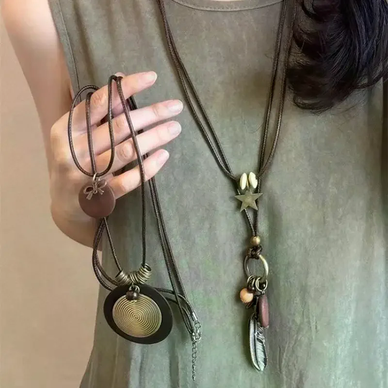Vintage Necklace Boho Metal Necklace for Women Antique Long Collar Chains Pendant Handmade Statement Jewelry Layers Accessories