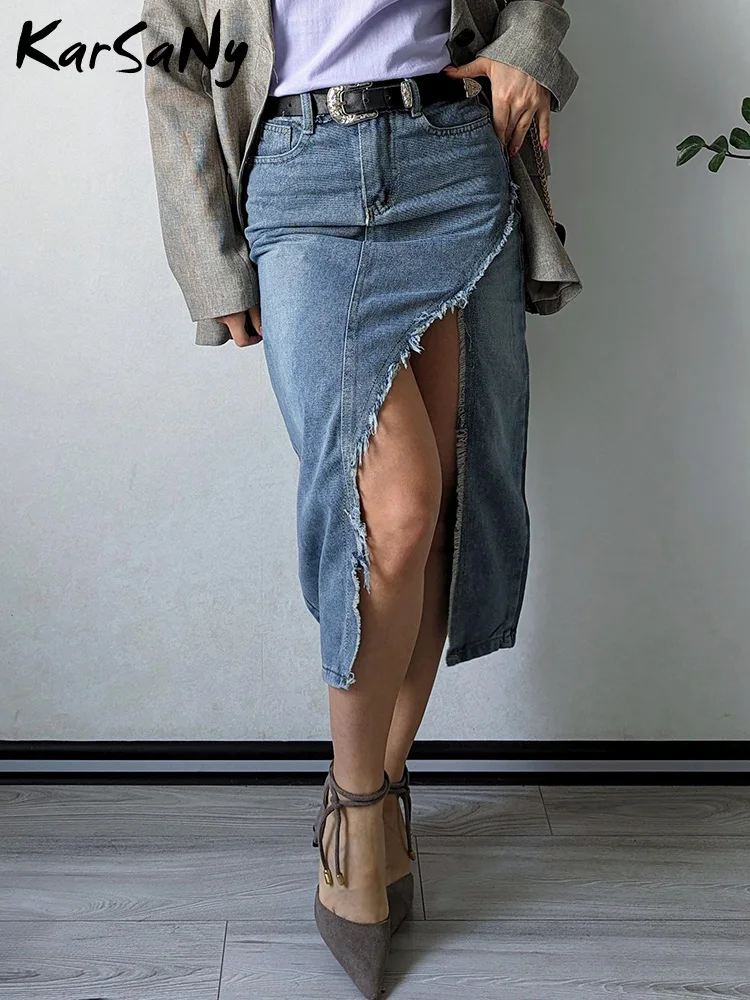 

KarSaNy Bodycon Denim Skirts For Women Sexy Summer Blue A Line Irregular Tassels High Slit Skirt Long Women's Denim Skirt Maxi