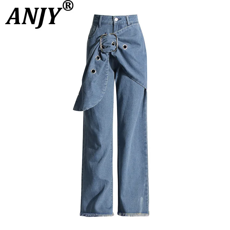 

ANJY Autumn New Women's Fashion Trendy Vintage Chic High Waisted Jeans Niche Design Patchwork Belt Asymmetric Casual Pants A7182