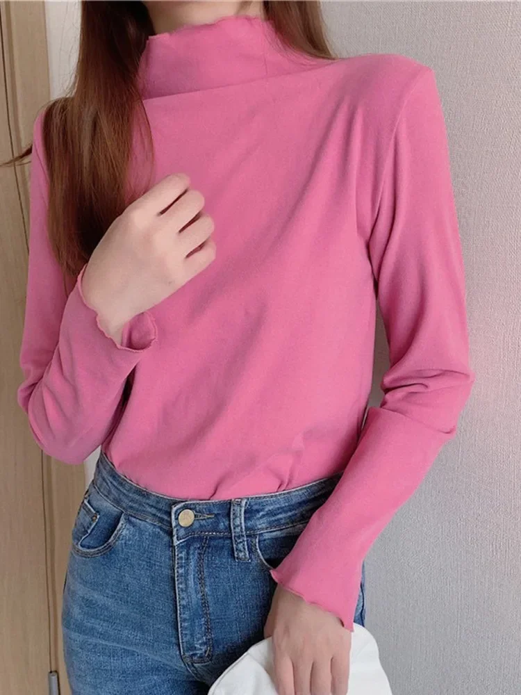 Casual veludo inferior camisetas femininas sólido meia gola acolchoada interior dupla face feminino topo 2024 outono inverno senhora outerwears