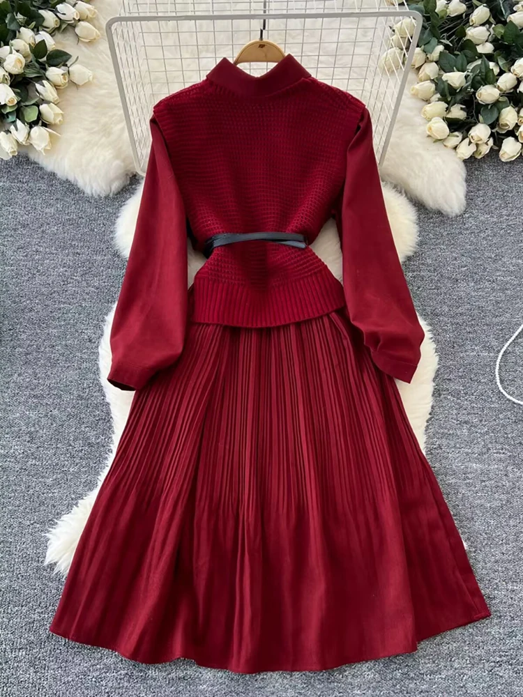 Herbst Winter Anzug Hohe Qualität Frauen Kleid Vintage Solide Turndown Kragen Langarm Plissee Kleid + Stricken Weste Mit gürtel