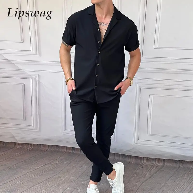 

Fashionable Ribbed Two Piece Sets Mens Casual Short Sleeve Shirts And Pants Tracksuits Men Summer Trendy Solid Color Slim Suits