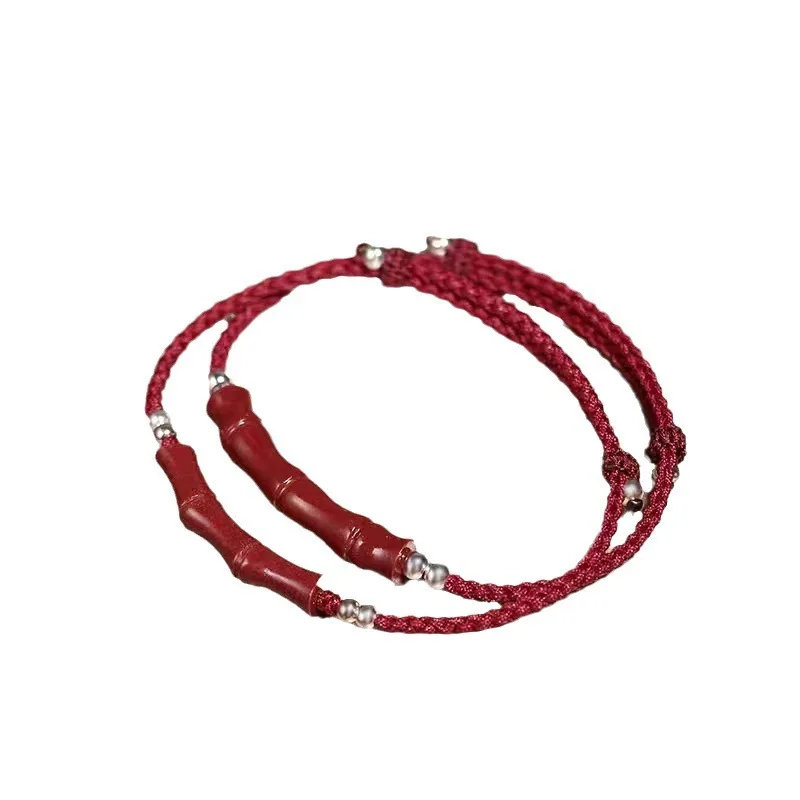 Chinese Style Auspicious Natural Cinnabar Bamboo Joint Bracelet Adjustable Braided Rope Good Luck Blessing Feng Shui Jewelry For