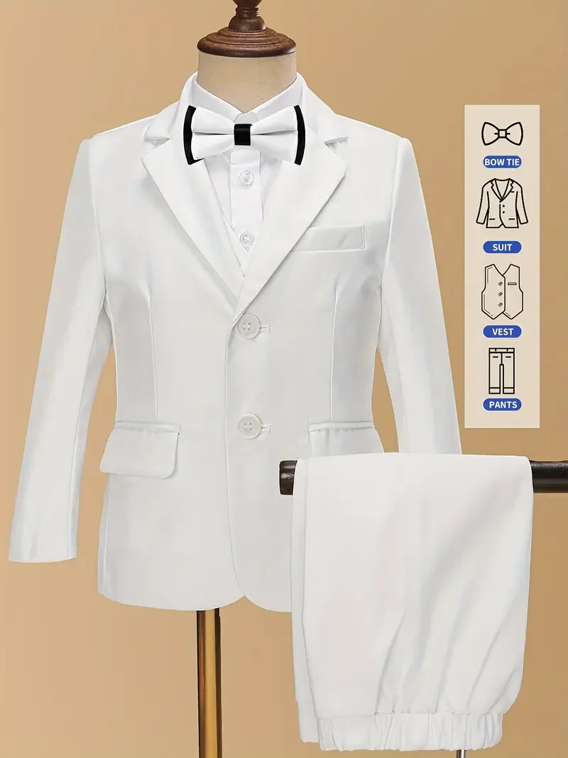 Flower Boys White Jacket Vest Pants Bowtie 4pcs Wedding Suit Children's Host Piano Performance Costome Kids Birthday Outfit Set