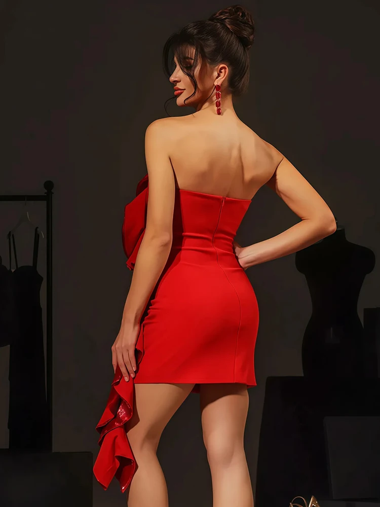 Pb glamouroso vermelho sem alças mini vestido com lantejoulas embelezado plissado sem mangas retalhos boate natal baile de formatura vestido de festa