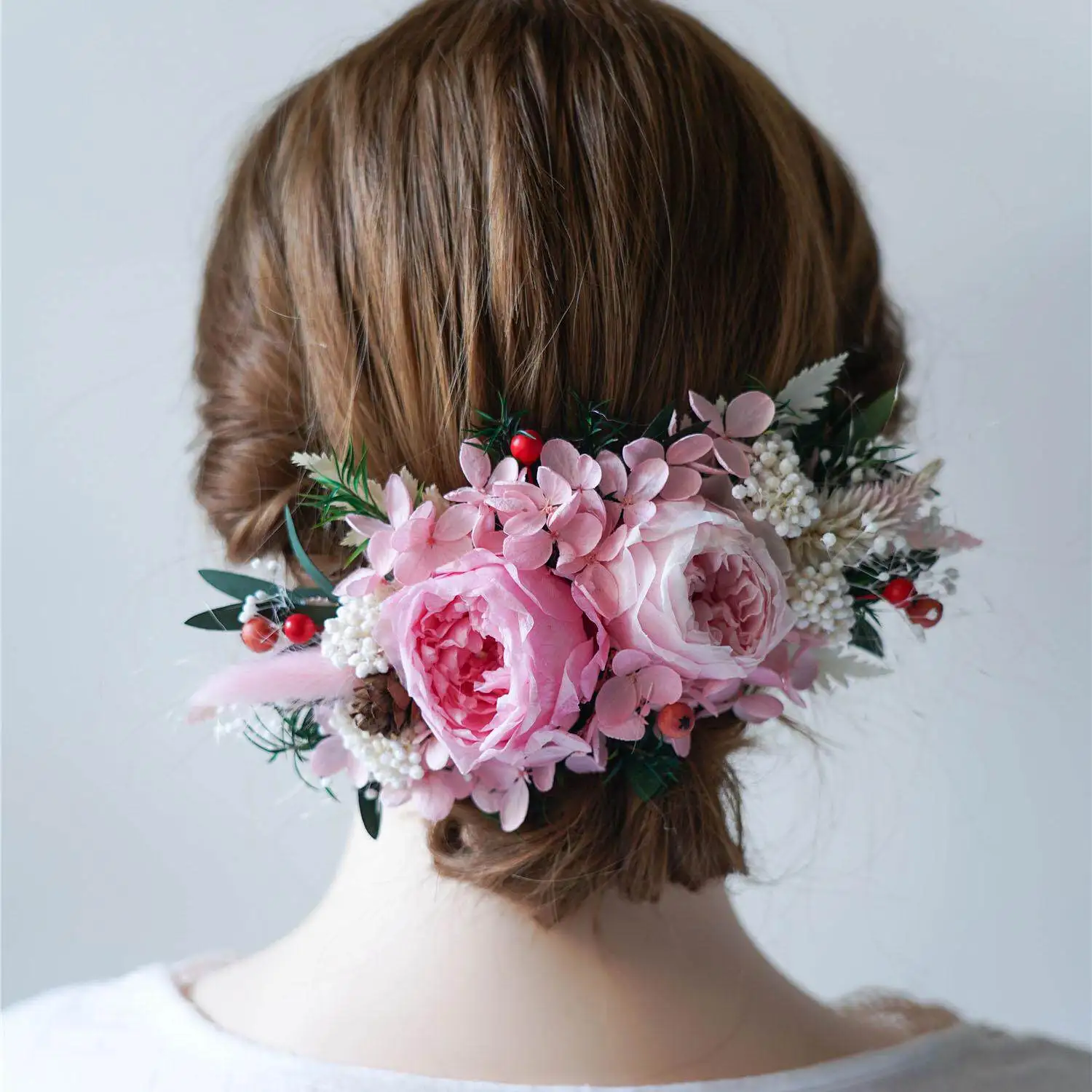 

Pink Dried Rose flower Bridal Hair Comb Wreath Wedding Accessories Handmade Headpiece For Women photography shooting