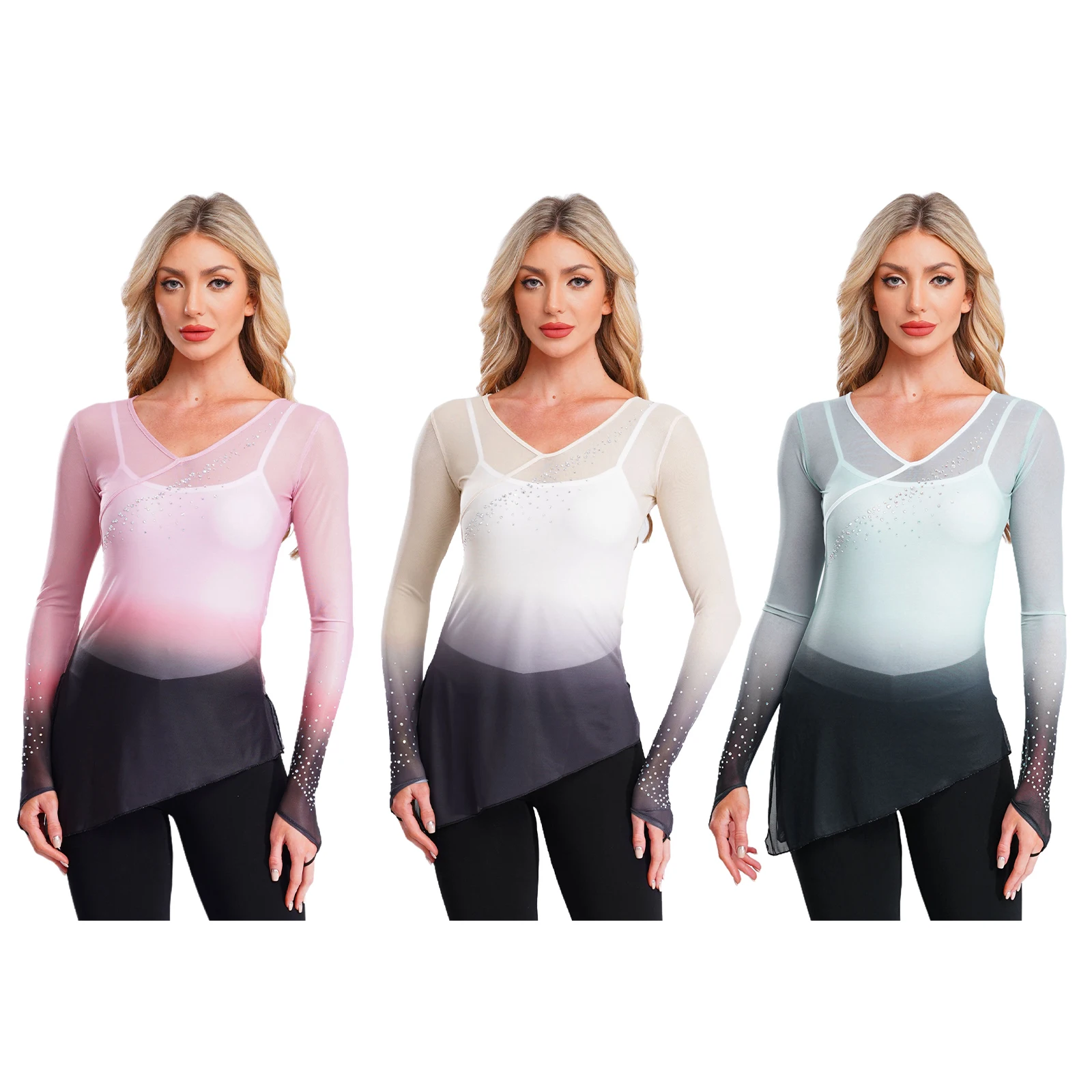 زي أداء ممارسة الرقص الكلاسيكي للسيدات للبالغين بأكمام طويلة وأحجار الراين اللامعة المتدرجة بقماش شفاف ملابس لليوجا