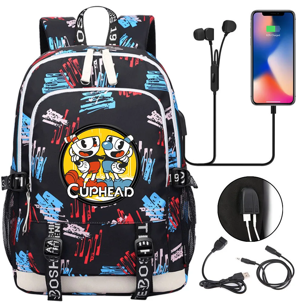 

Cuphead Game Mugman School Bags For Teenager USB Charging Laptop Backpack Boys Girls Student Book Bag Mochila Travel Bag