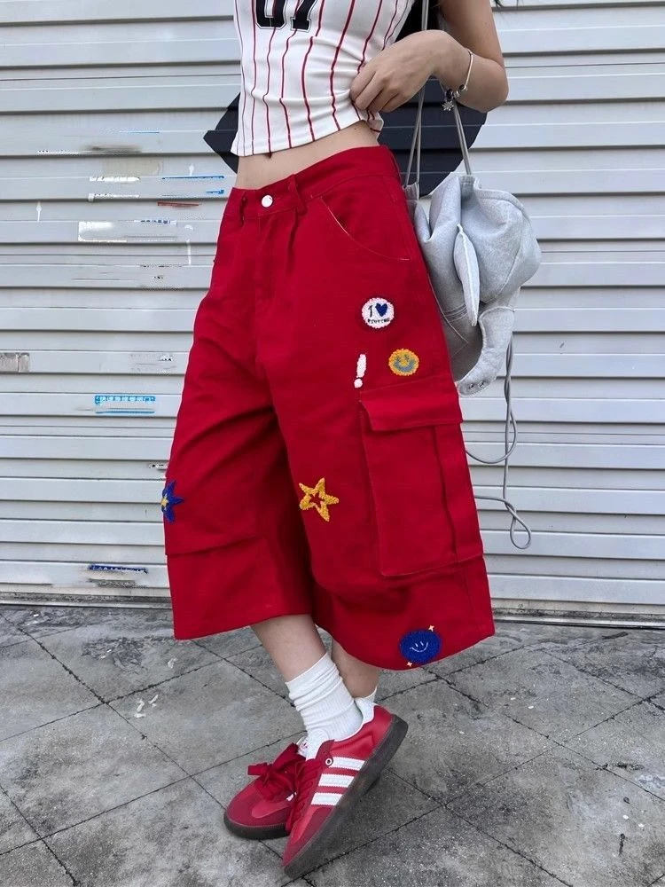 

Women's Star Embroidery Red Loose Wide Leg Calf-length Trousers Young Girl Summer Shorts Female High Waist Capris Pants