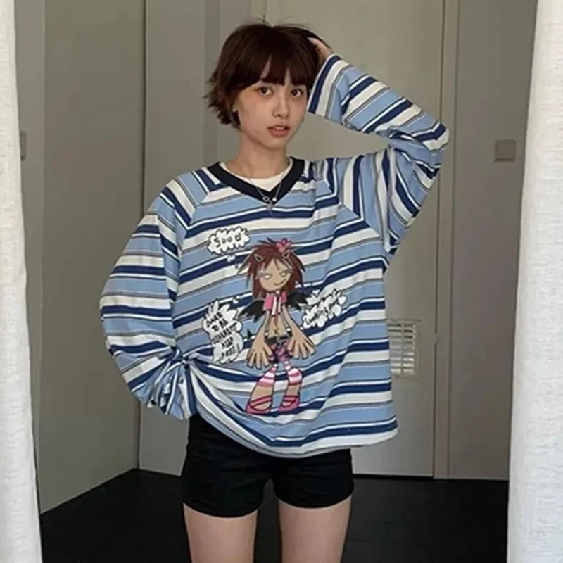 أزياء مخططة طباعة تي شيرت المرأة اليابانية الخامس الرقبة طويلة الأكمام المرأة تي شيرت Y2K الشارع الشهير ملابس نسائية فضفاضة غير رسمية #3