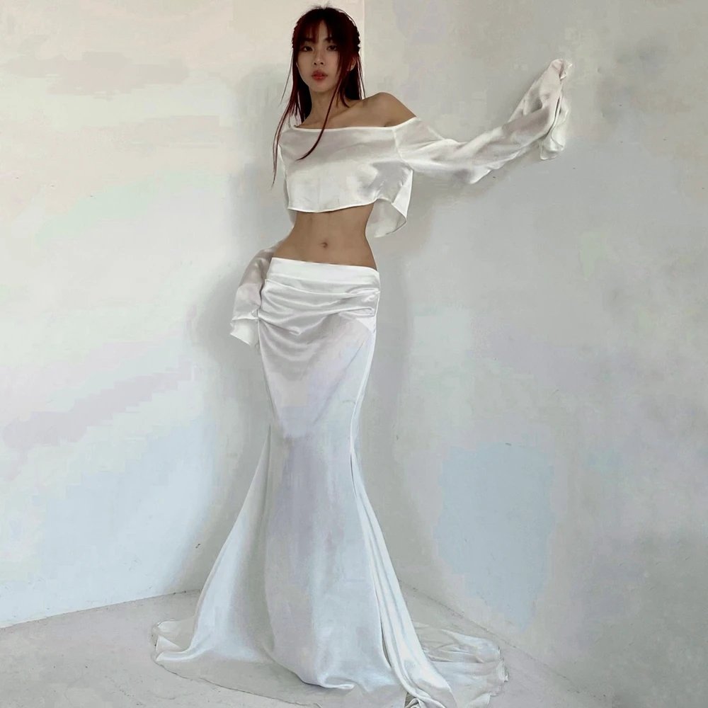 

Trendy White Two-Piece Satin Set Prom Dress Off-Shoulder Long Sleeve Mermaid Formal Evening Gown Satin Party Dress Outfit