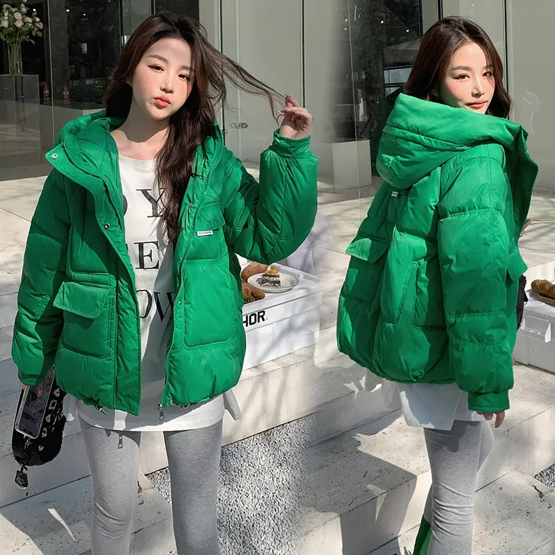 Winter Loose-fit Women's Clothing Short Cropped Down Cotton Coat Warm Neckline with Drawstring Multi-pocket Design Woman Jacket