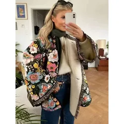 Quilted Jacket Woman Autumn Winter Flower Printed Vintage Demi-season Jacket for Women Coats Tweed Warm Lamb Wool Coat