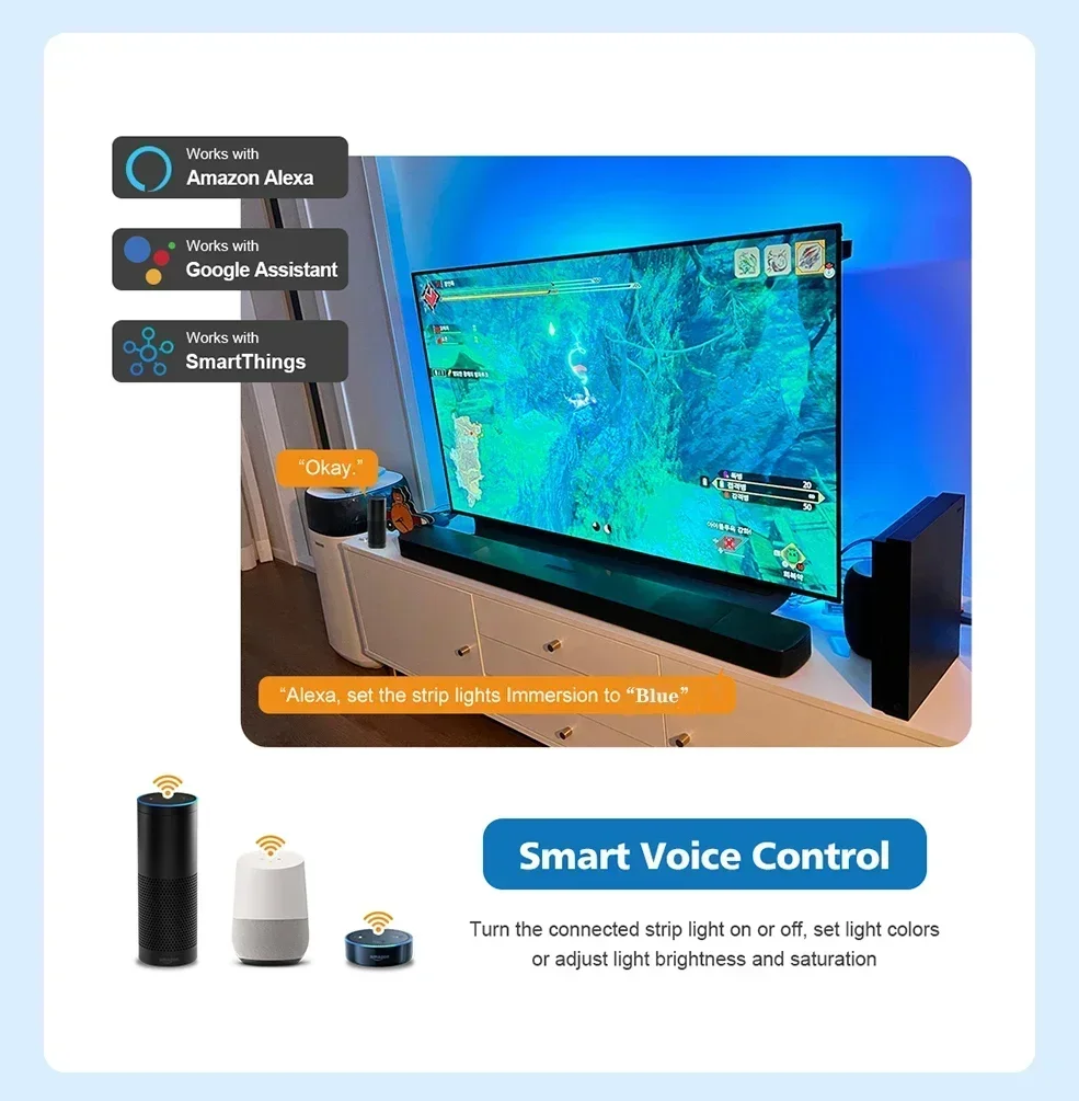 US.EU Smart Ambient TV Led Backlight For 4K HDMI 2.1 Device Sync Box Led Strip Lights Kit Wifi Alexa Voice Google Assistant Cont