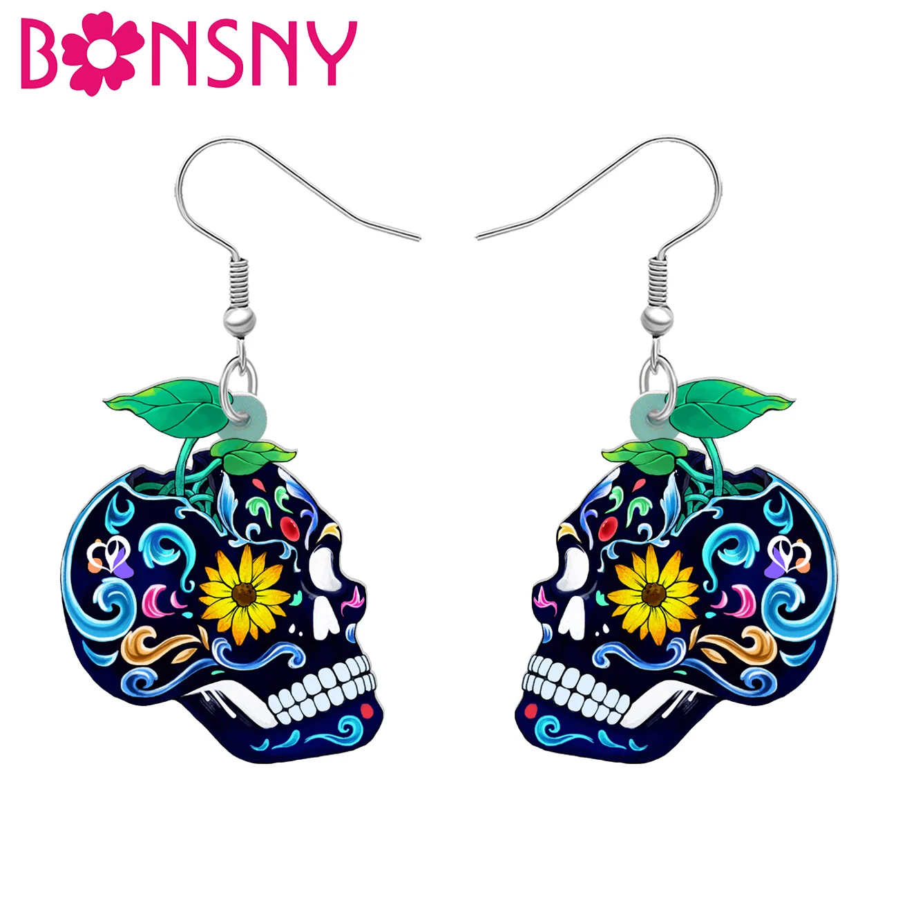 BONSNY Halloween Acrylic Novelty Plant Blue Sugar Skull Earrings Dangle Drop Punk Jewelry for Women Girls Kids Gifts Decorations