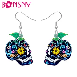 BONSNY-pendientes acrílicos de calavera de azúcar azul para mujer y niña, joyería Punk colgante, planta novedosa para Halloween, regalos, decoraciones