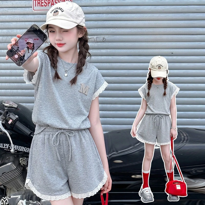 

Summer Teen Girls Shining Sportswear 2Pcs Set Lace Ruffle Sleeve Sports T Shirt+Cotton Shorts Junior Kids Casual Sports Outfits