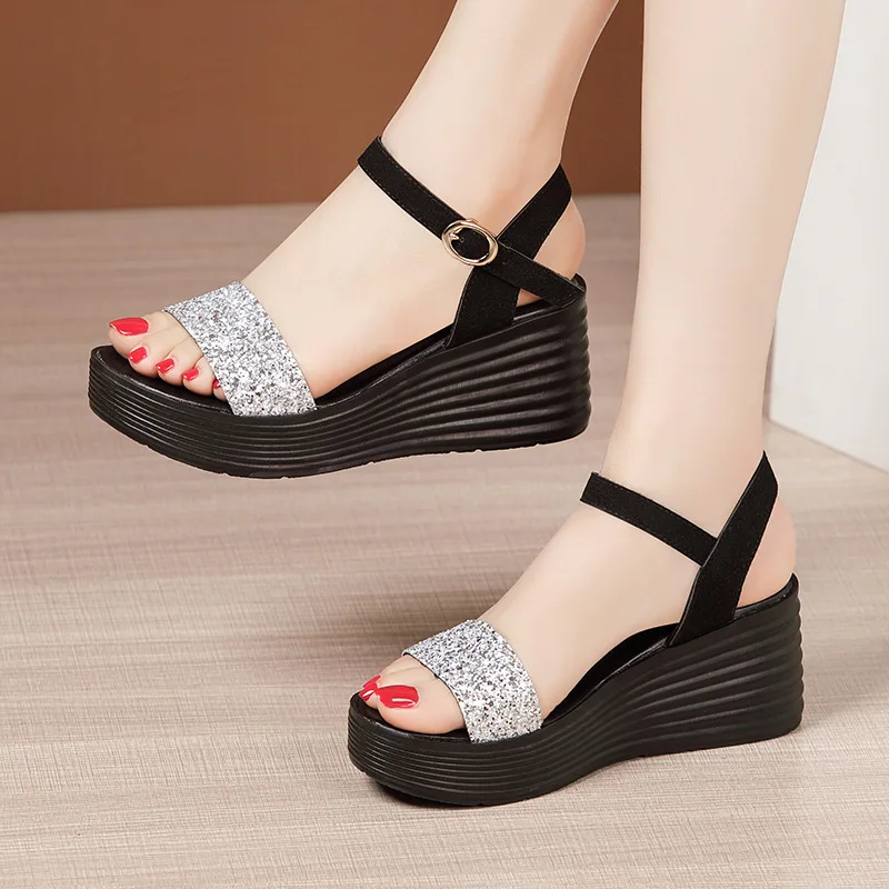 High quality summer wedge sandals for women 7cm high heel 2024 size 33 34 42 43 platform open toe elegant shoe black gold silver