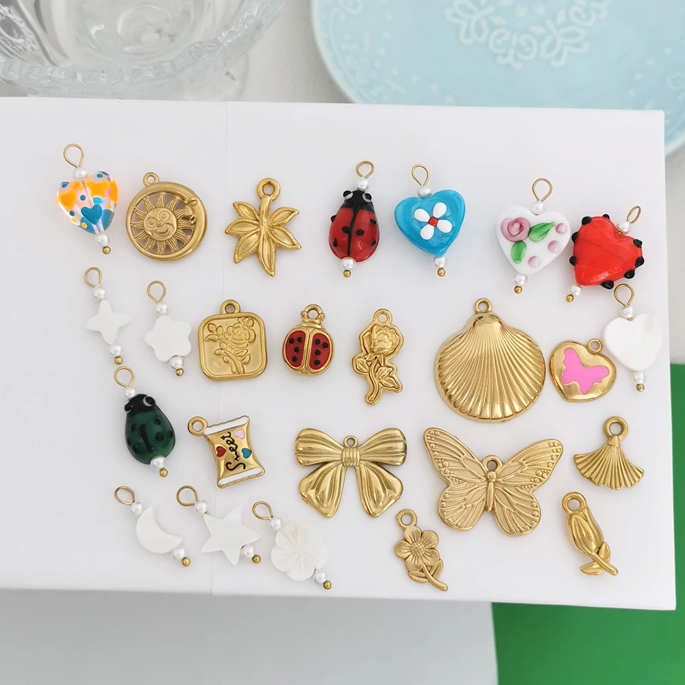 1 Piece Stainless Steel Pendant Charm Heart Rose Shell Star Sun Butterfly Bow Flower Red Gold Color Custom Necklace Wholesale