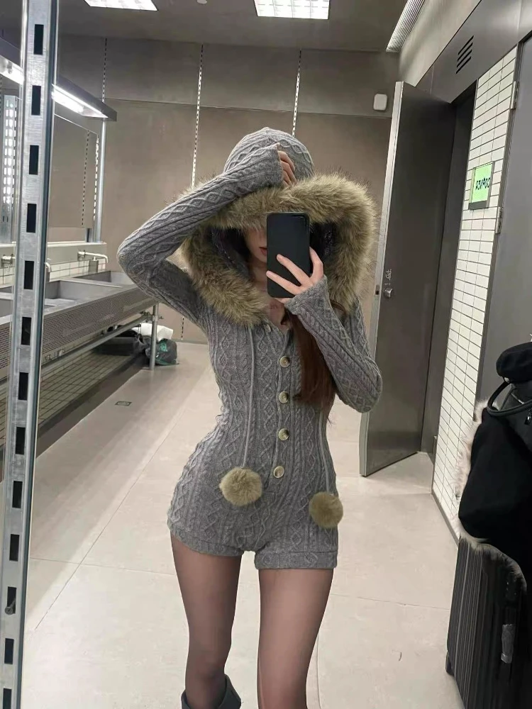 

American Vintage Knitted Design Sense Romper Women Retro Knit Hooded One-Piece Jumpsuit New Fashion High Street Outfits Winter