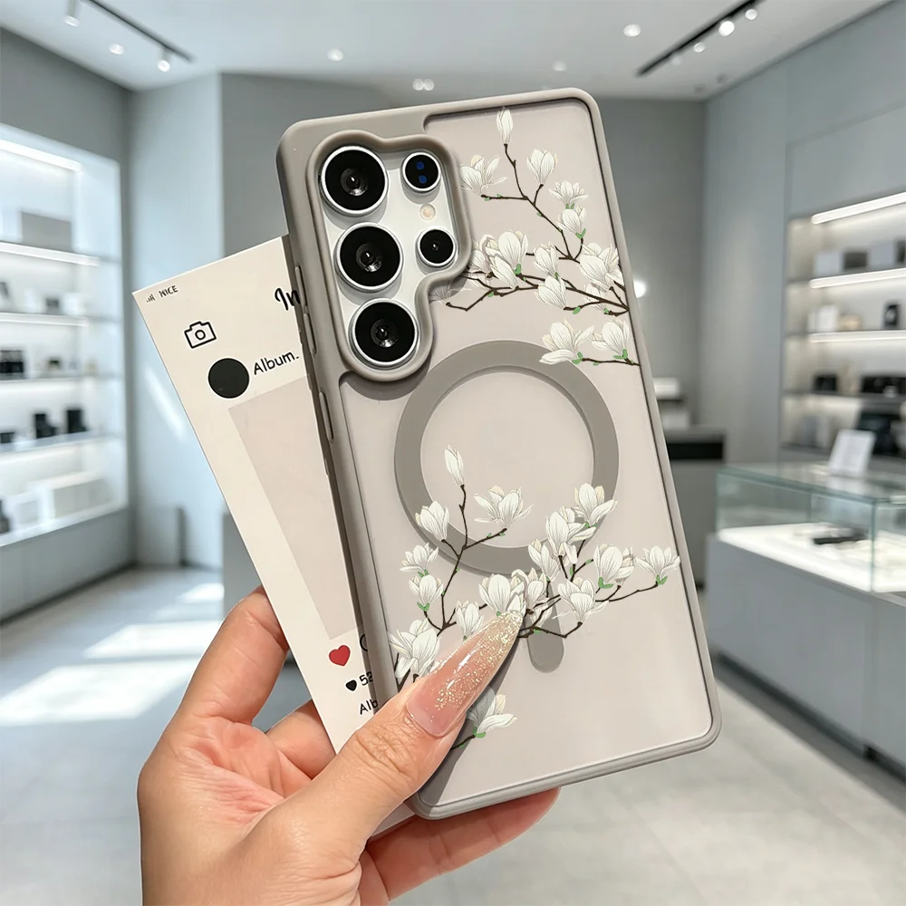 Weiße Magnolien-Handyhülle mit eingebautem Magneten, stoßfest und transparent, für Samsung Galaxy S26 S25 S24 S23 S22 Ultra FE A17 A37 A57