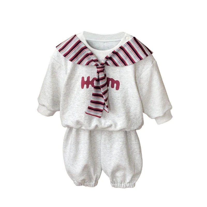 

2025 New Autumn Grey Letter Splicing Striped Shawl Fake Two-piece Hoodie and Pants Two-piece Set