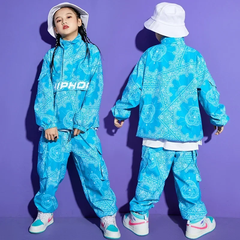 High Collar Paisley Top Cargo Pants Child Street Dance Kids Streetwear Costume Boy Hip Hop Sweatshirt Joggers Clothes Sets