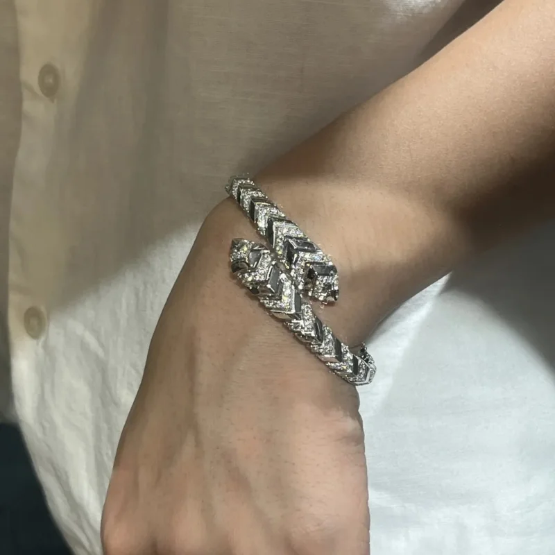 Cameo Fine Jewelry Bracelet Double Snake Head Plated in White Gold S925 Silver Synthetic Zircon Full Diamond Shiny Bangle