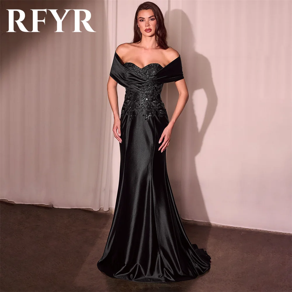 

RFYR Black Evening Dresses for Party Satin Off the Shoulder Pleats Long Mermaid Prom Gowns Appliques Celebrity Dress Customized