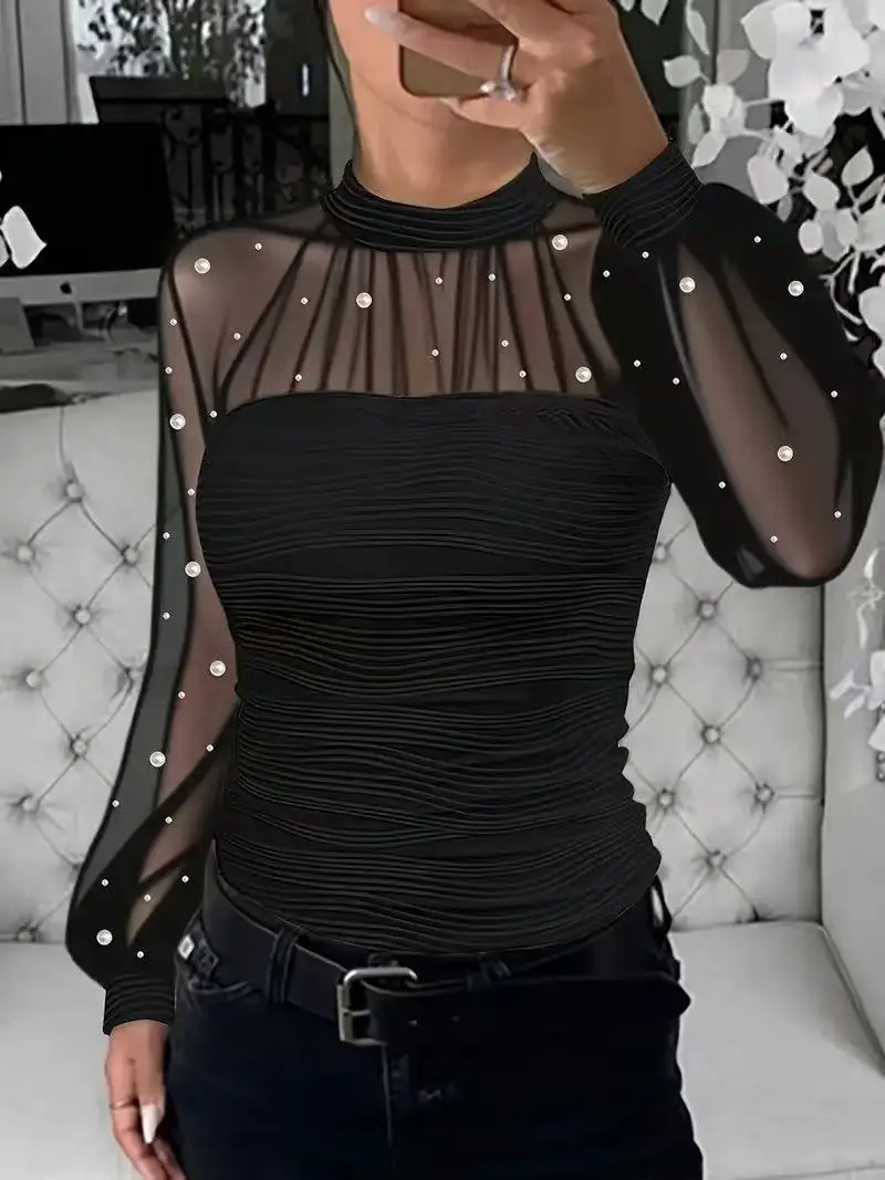 Moda pizzo in rilievo top camicette donna 2026 manica lunga elegante o-collo camicia allentata camicetta camicie casual primavera ufficio signore top