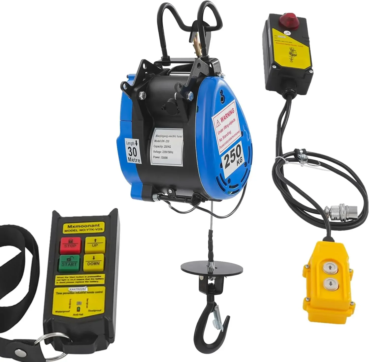 NIEUWSTE Elektrische lier 230 V, 1500W elektrische kabel met draadloze afstandsbediening, staalkabel lengte 30m, draagvermogen 250kg