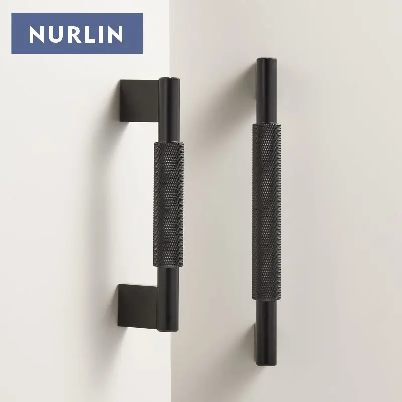 Nurlin Solid Brass Knurling Black Cross Pattern Cabinet Knob Cupboards T-bar Furniture Refrigerator Door Pull Bar Kitchen handle