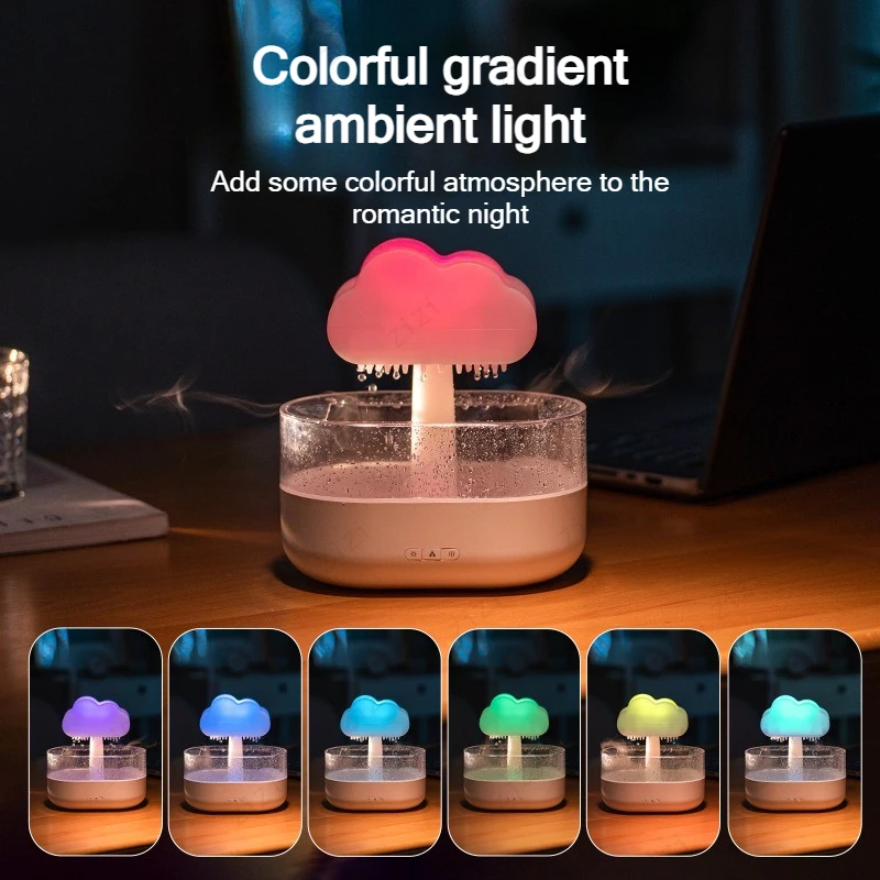 Colorful Night Light Nebulized Cloud Rain Humidifier Ultrasonic Essential Oil Raindrop Diffuser White Noise Aromatherapy Machine