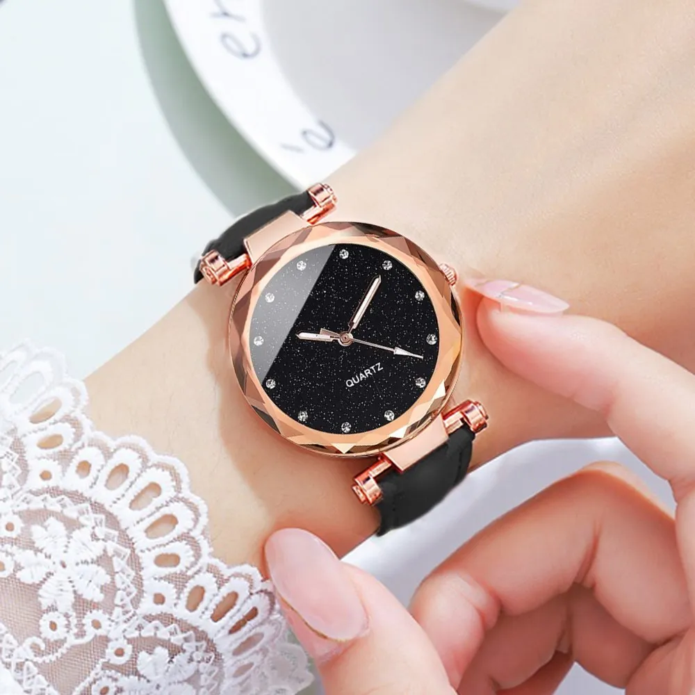 2pcs Luxury Fashion Women Watch Set PU Leather Strap Ladies Quartz Wristwatch Rhinestone RoseGold Alloy Bracelet For Ladies Gift