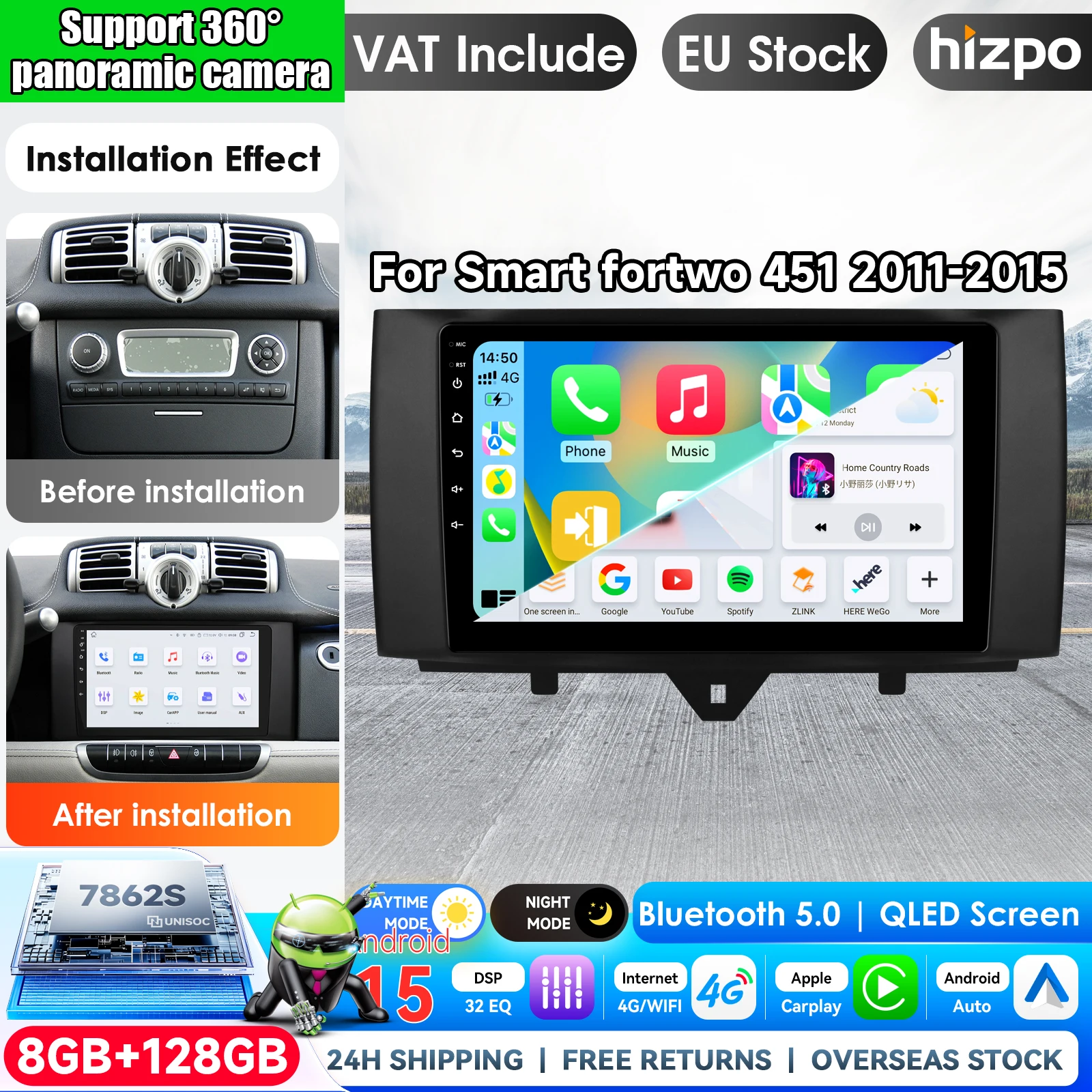 Wireless CarPlay Android Auto Car Radio for Smart Fortwo 451 2010 - 2015 2 DIN Multimedia Stereo with Built-in Cooling Fan GPS Navigation SWC Bluetooth FM RDS DSP IPS Screen Car Intelligent Systems 4G WiFi 8 Core Plug&Play Head Unit Automotive Monitor OBD
