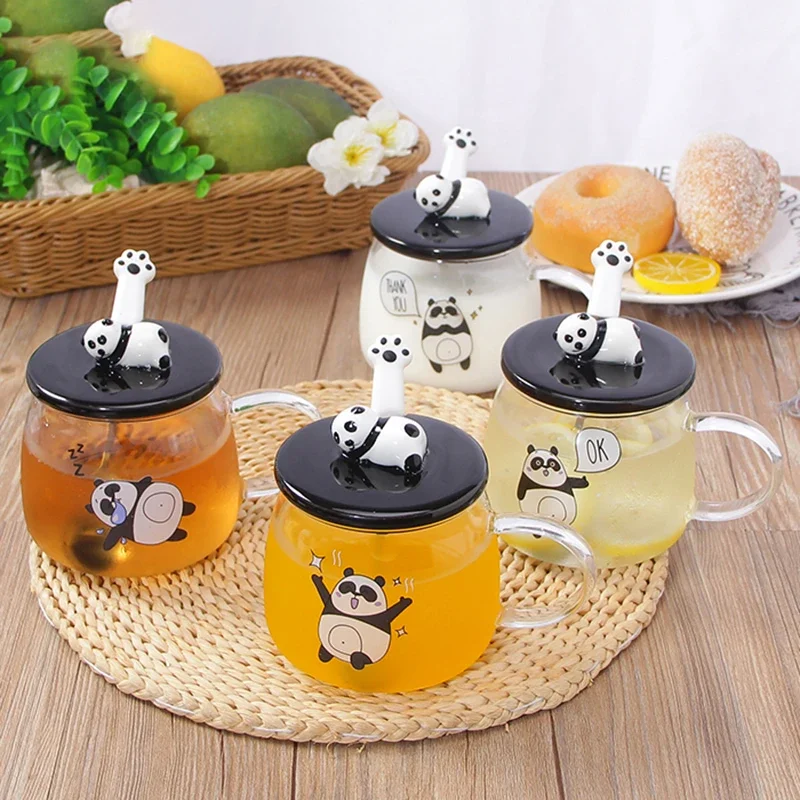 500ml Creative Heat-resistant glass mug with lid borosilicate glass cartoon panda mug milk breakfast coffee cup home