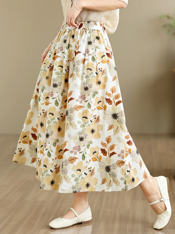 Artistic Country Style Floral Half Skirt Women's Loose Elastic Waist Slim A-Line Skirt Summer New Arrival Casual High Waist