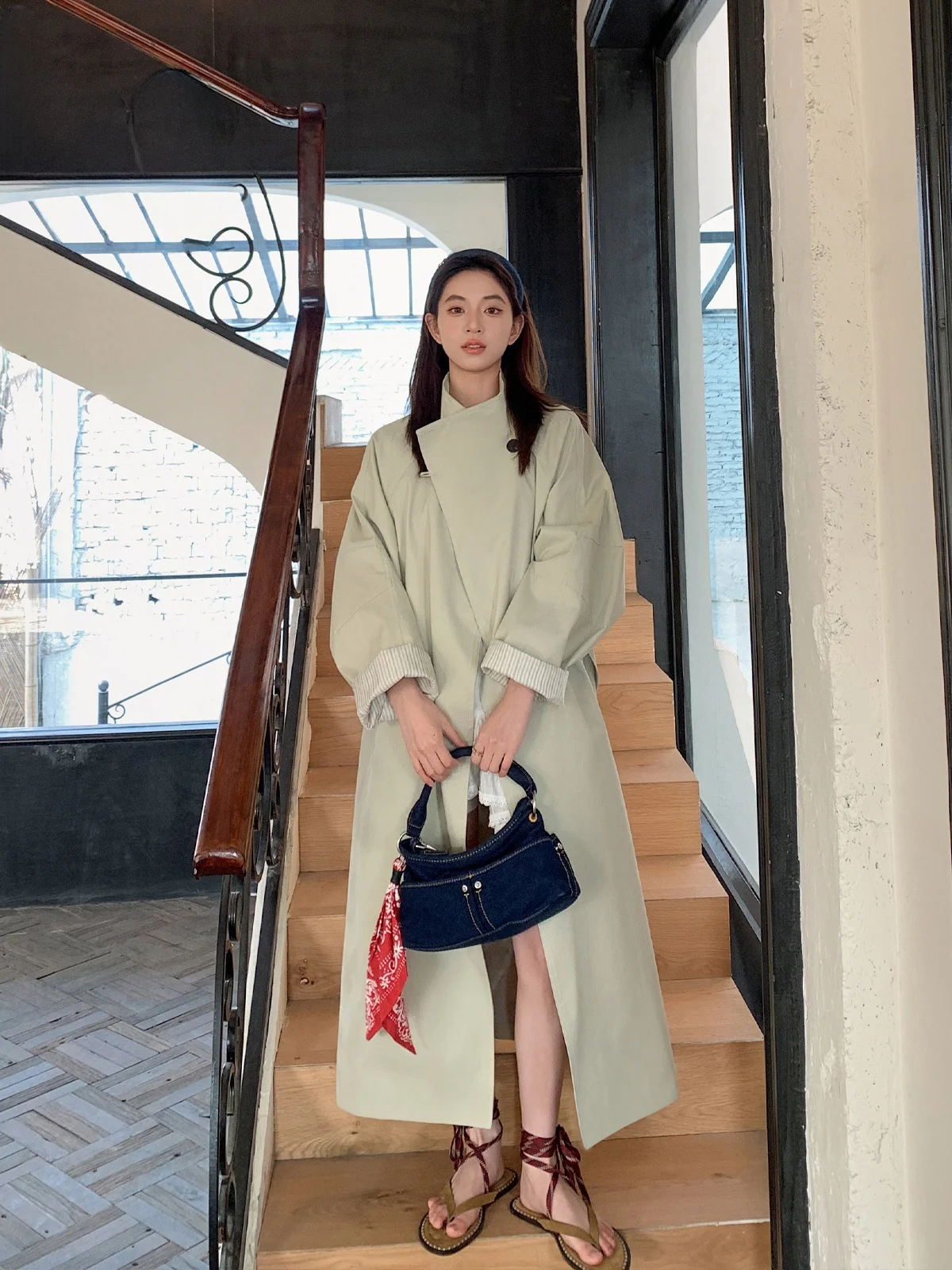 

TWINS Manchester Street Design Cotton Blend Women's Autumn High-End Midi Coat Stand Collar Long Sve Striped Pattern