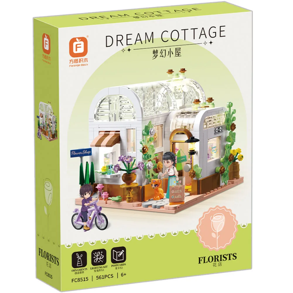 NEW MOC Flower Shop City Street View Creative House Flower Store Architecture Building Block Bricks LED Light Sets Toys Girls