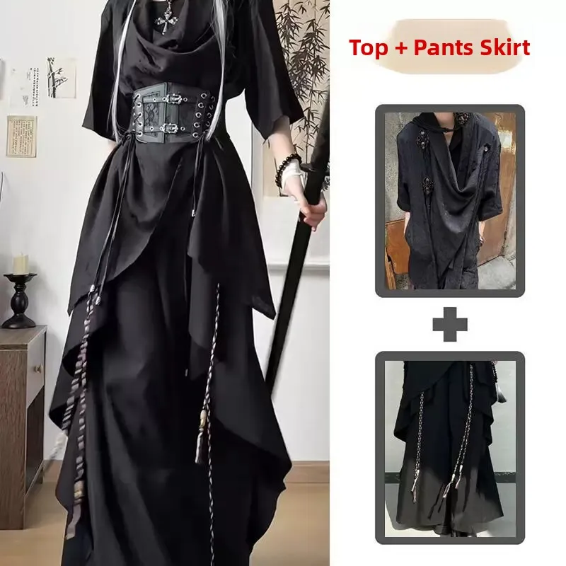 

Retro Floral Embroidery Short Sleeve Shirt Women's Top Black Skirt Set Uneven Hem New Chinese Style Casual Fashion Outfit