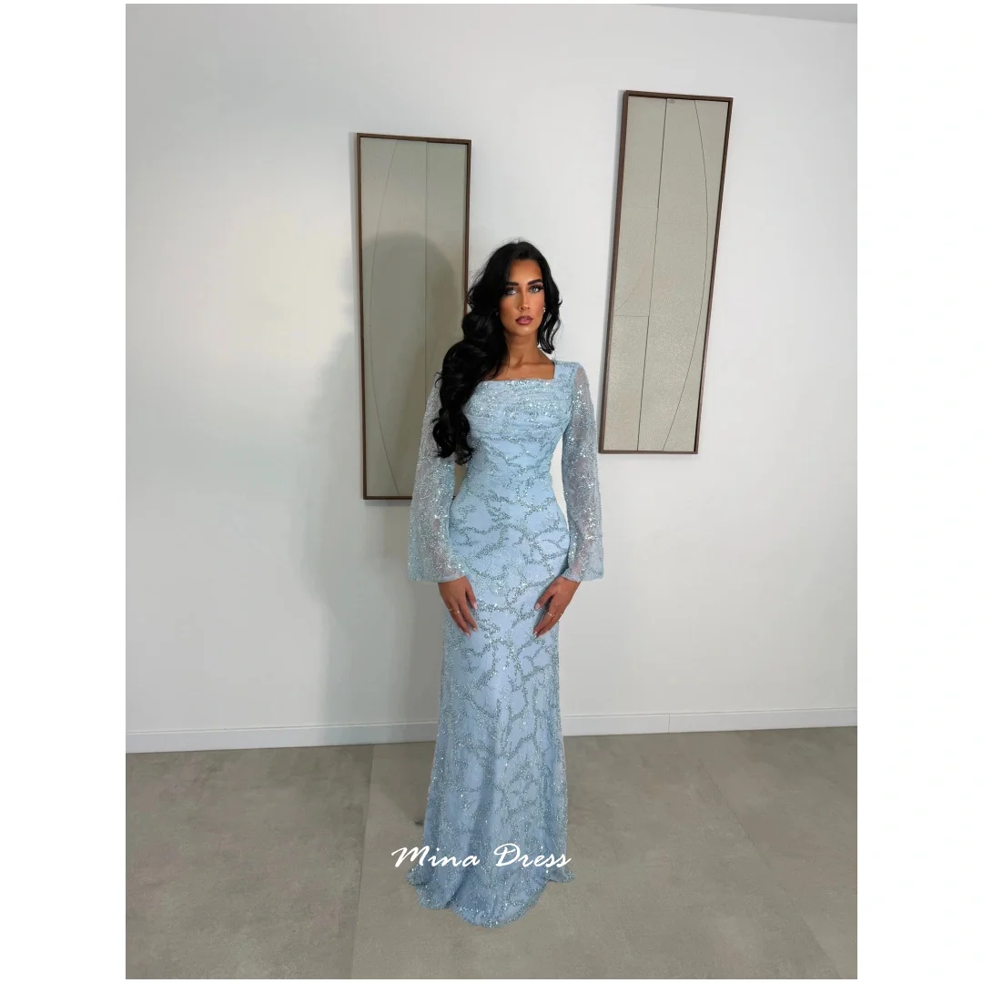 

Mina Customized Blue Evening Dress Luxury Elegant Party Dresses Woman Sequins. Long Sleeves Beads Round Neck Special Occasions