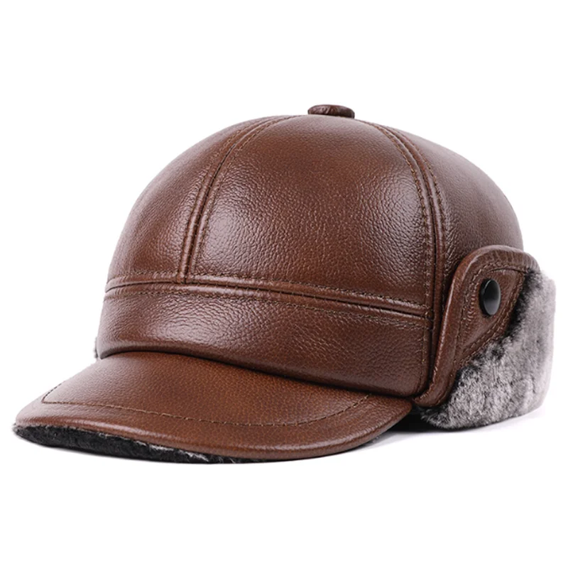 

New Winter Natural Genuine Leather Caps For Men Cowhide Leather Plush Thickened Bomber Hats Coldproof Warm Earmuffs Hat Golf Cap