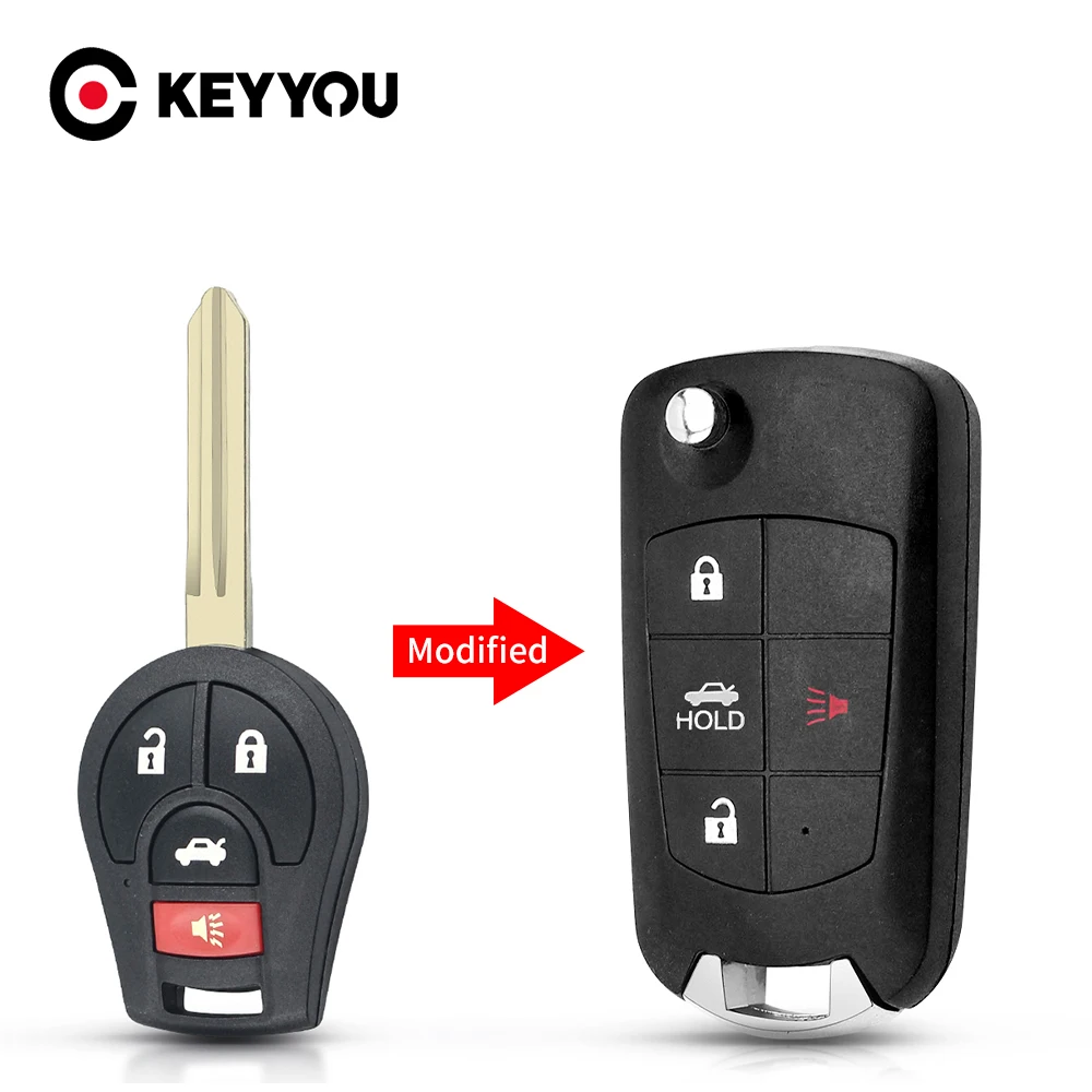 KEYYOU mdificato 4 pulsanti Uncut Blank Remote Flip pieghevole chiave Shell Case Fob per Nissan Altima Maxima Sentra Versa