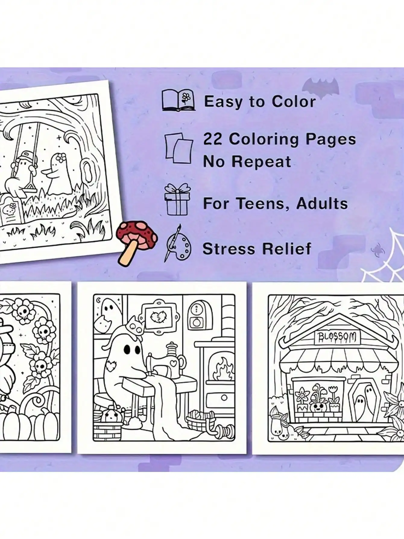 Libro para colorear Spooky Cutie: diseños audazos y sencillos de Halloween para aliviar el estrés, interactivo para niñas y colorear enfocado