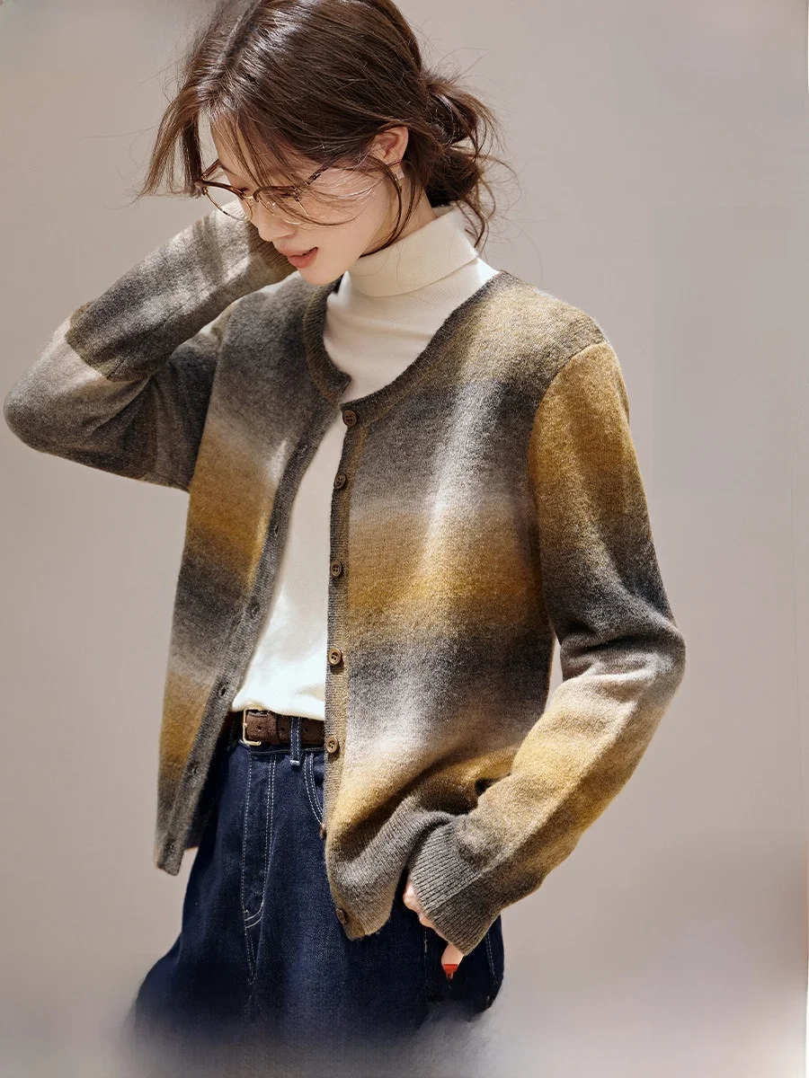 

Mo Han Mei Art Series осень-зима adient Color трикотаж из смеси шерсти круглый открытый кардиган женский Faion Sle